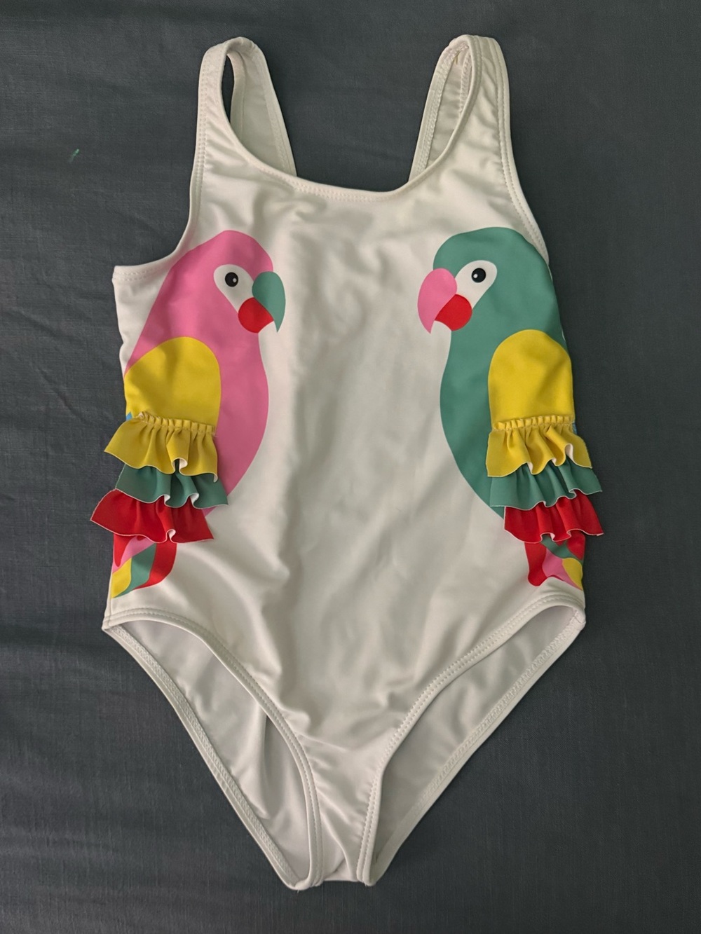 Girls White One-Piece Swimsuit with Colorful Parrot Prints